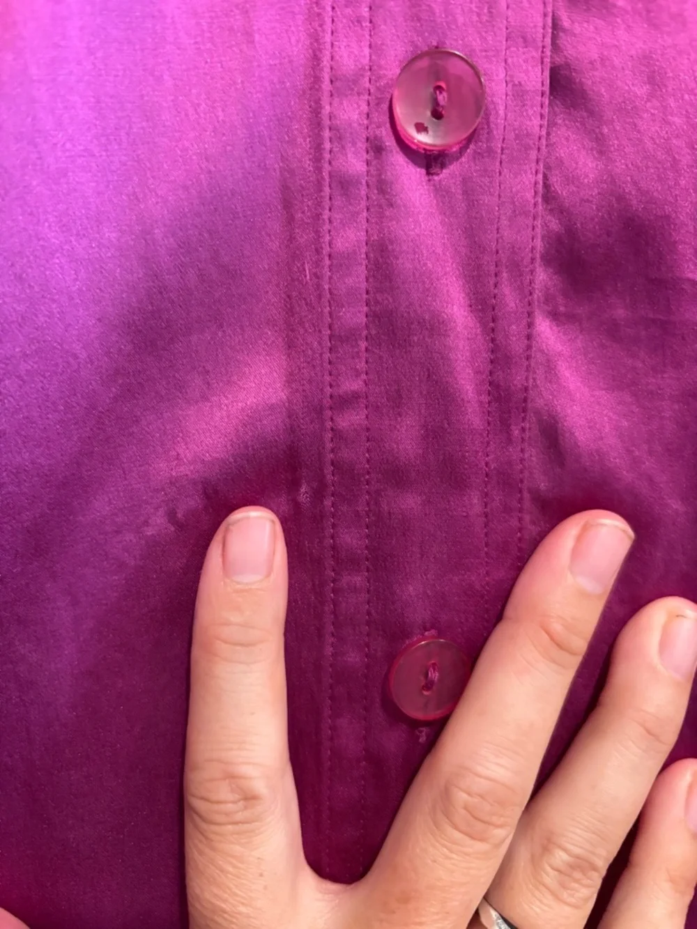 NY&CO 100% Silk Magenta Purple Button Up Shirt Medium Oversized Satin Blouse